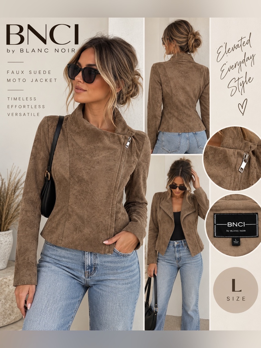 BNCI Blanc Noir Womens L Brown Faux Suede Moto Jacket Asymmetrical Y2K